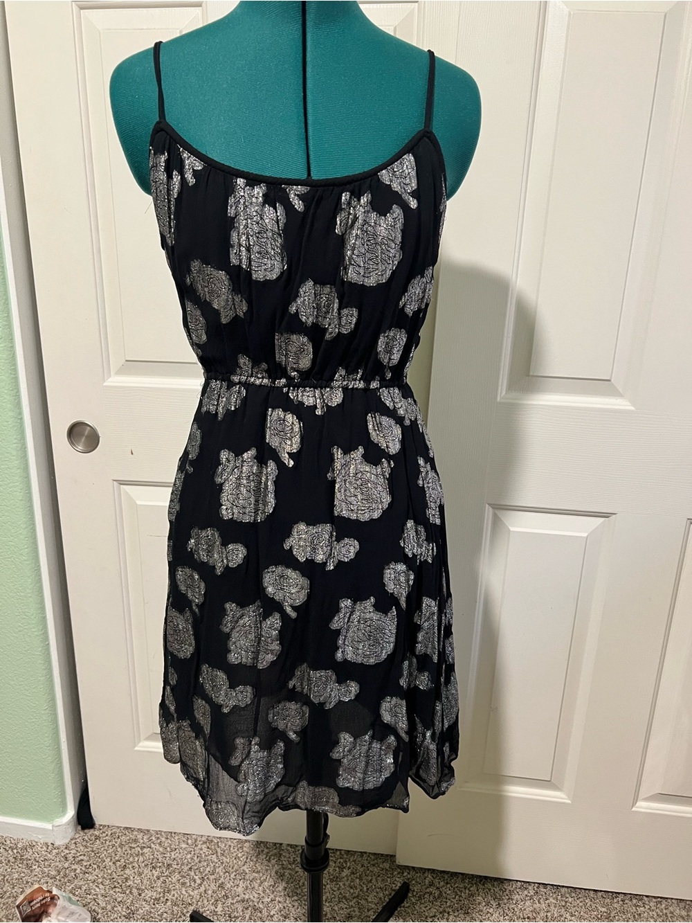 Lucky Brand Black Dress with Silver Metallic Floral Print